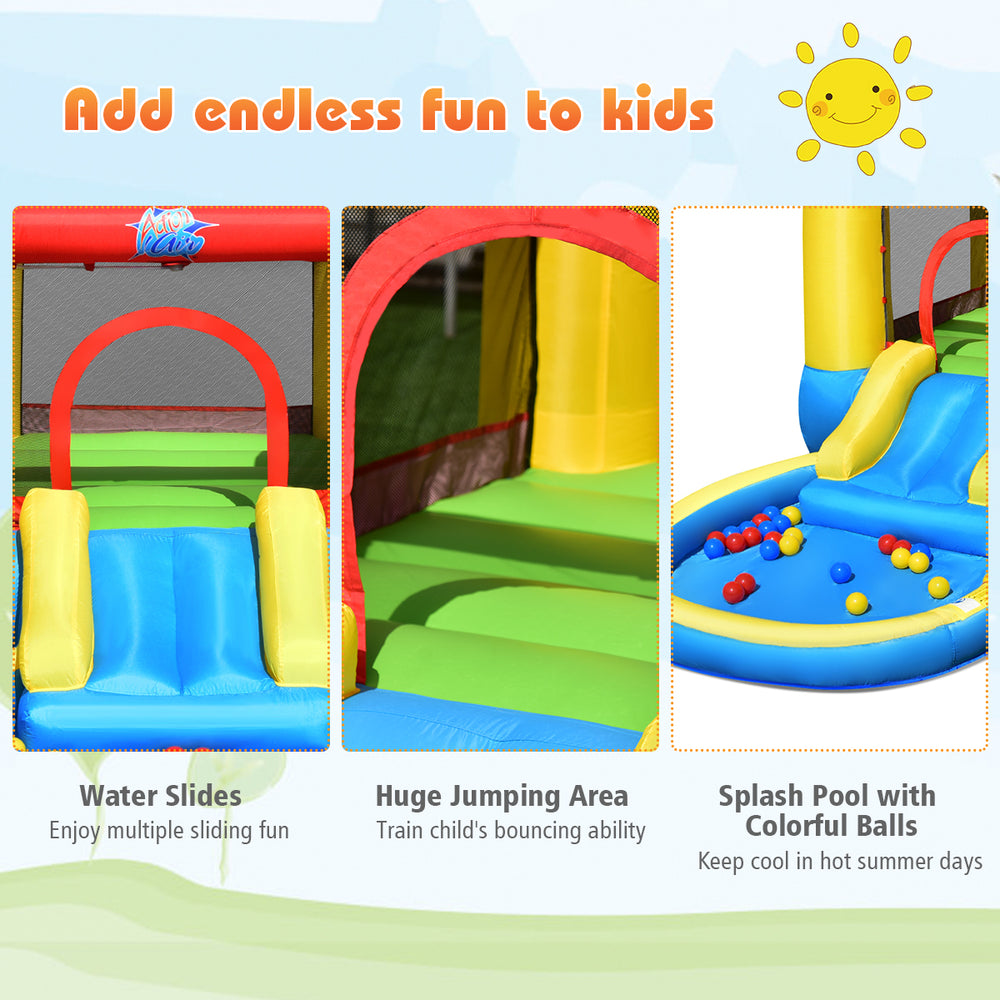 Inflatable kids slide bounce house featuring water slides, a huge jumping area, and splash pool with colorful balls for.