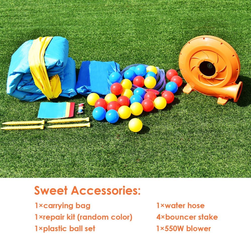 Colorful accessories for the Inflatable Kids Slide Bounce House, including balls, blower, stakes, and carrying bag for.