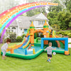 Kids inflatable water slide with soccer gate, featuring two slides, splash pool, and climbing wall for year-round fun.