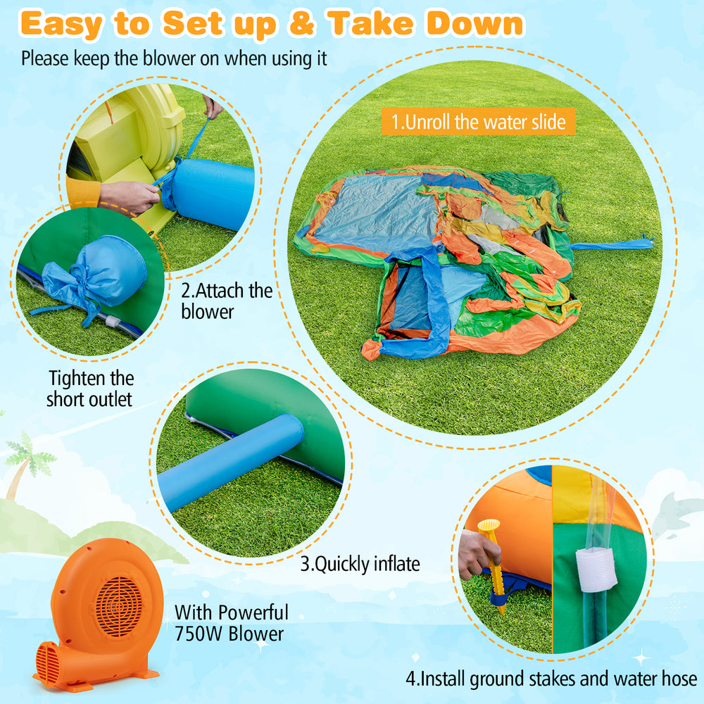 Kids inflatable water slide with soccer gate, featuring a 750W blower for quick setup and safe summer fun in the yard.