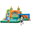 Kids inflatable water slide with soccer gate, featuring slides, climbing wall, and splash pool for summer fun.