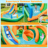 Kids inflatable water slide featuring two surfing slides, splash pools, and a water cannon for summer fun in the yard.