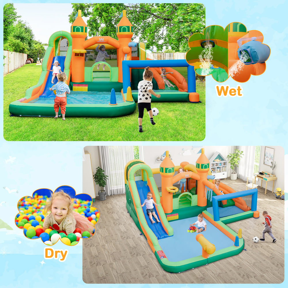 Kids inflatable water slide featuring two slides, climbing wall, and splash pool for year-round outdoor fun.