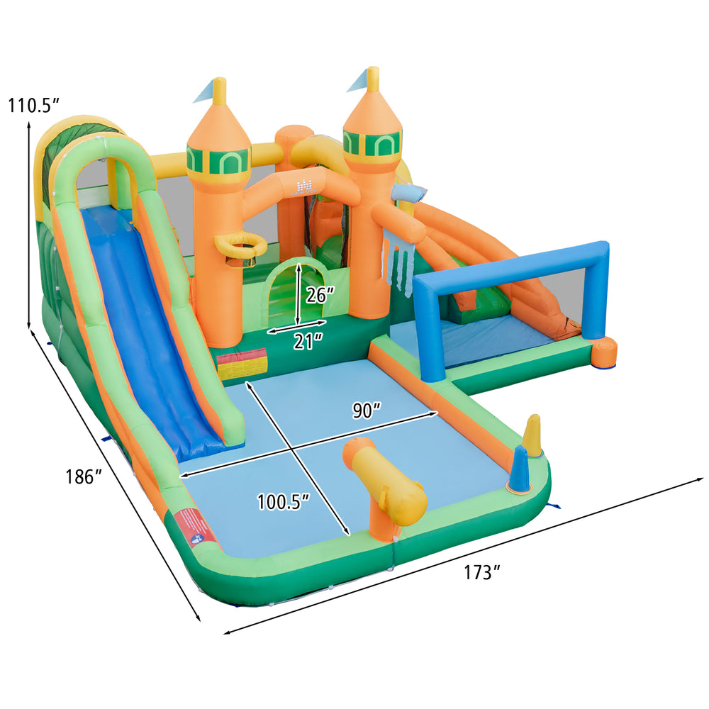 Kids inflatable water slide featuring two slides, climbing wall, and splash pool for summer fun in the yard.