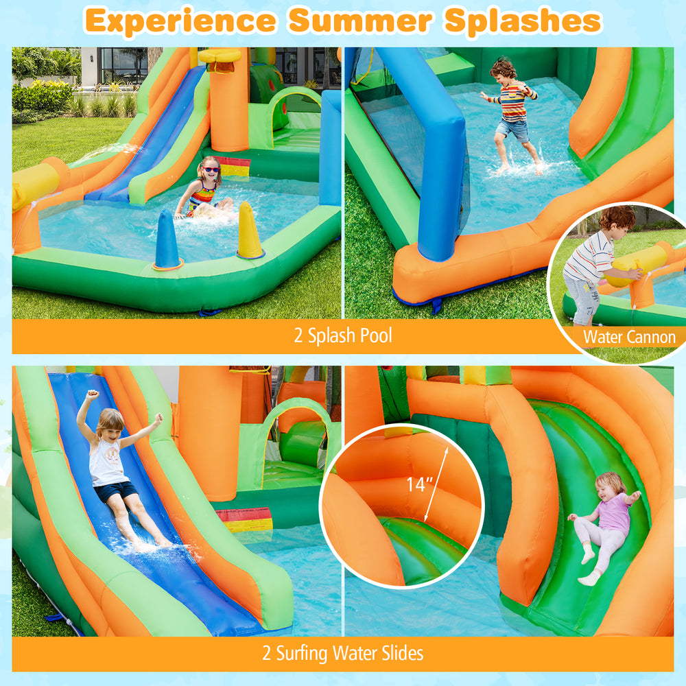 Kids inflatable water slide featuring 2 surfing slides, splash pools, and a water cannon for summer fun in the yard.