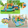 Kids inflatable water slide featuring two slides, climbing wall, and splash pool for outdoor summer fun.