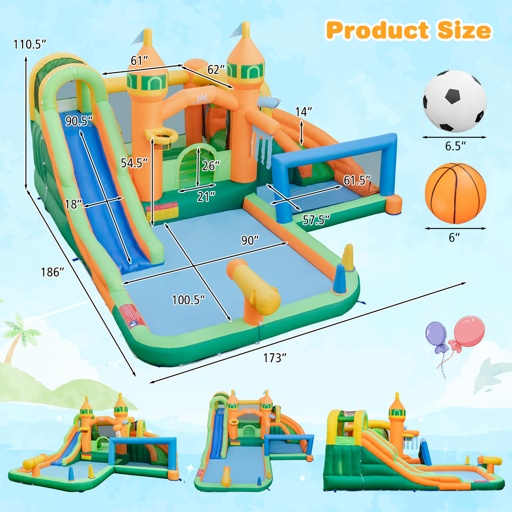 Kids inflatable water slide with two slides, climbing wall, and splash pool, perfect for summer fun in the yard.