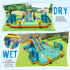 Kids inflatable water slide featuring two long slides, soccer gates, and a splash pool for summer fun in the yard.