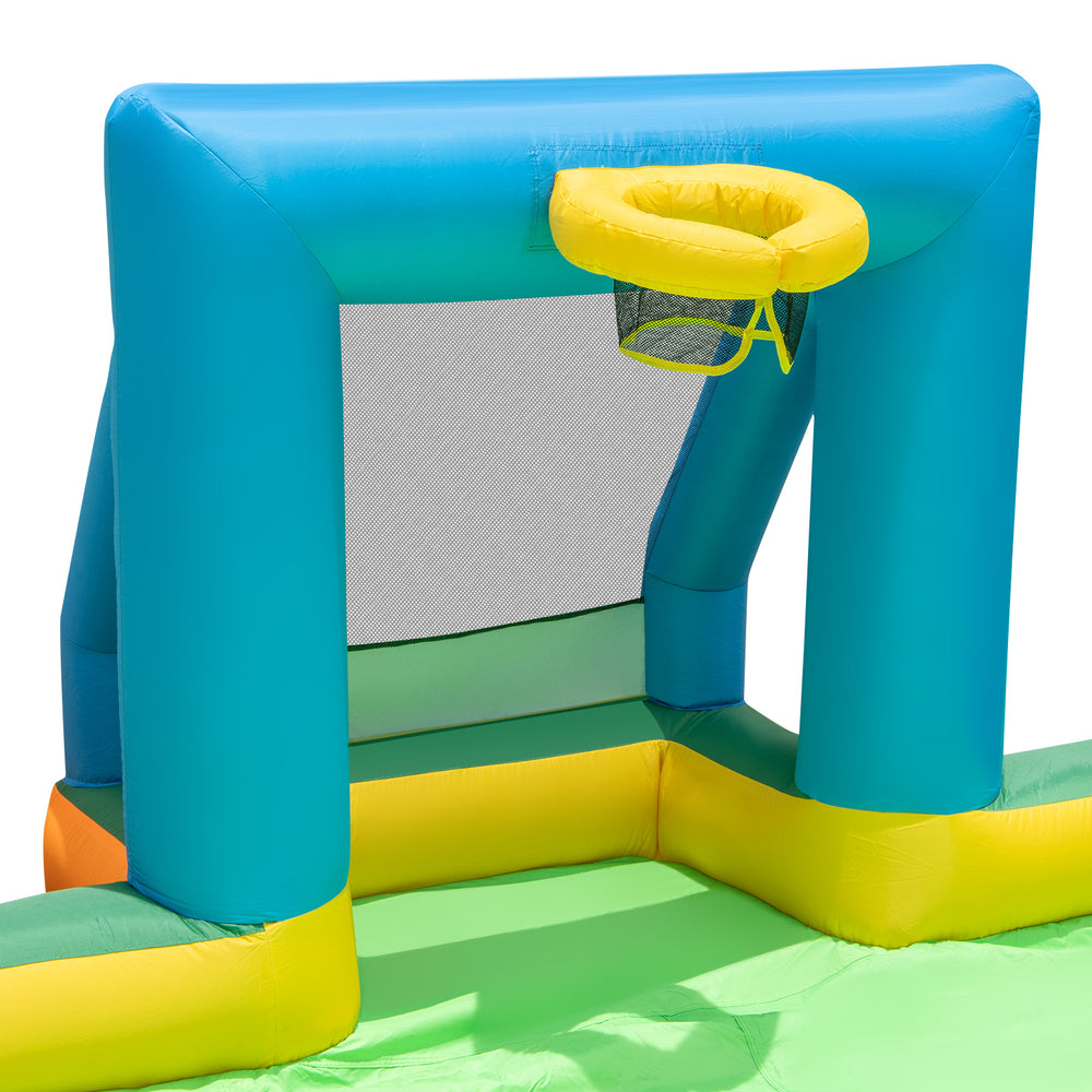 Kids inflatable water slide featuring two long slides and two soccer gates, perfect for summer fun in the backyard.