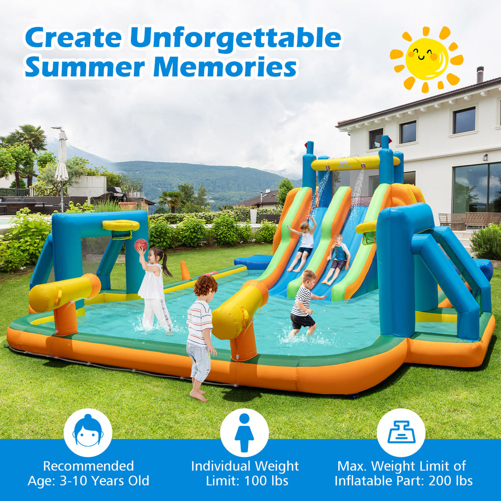 Kids inflatable water slide with two long slides, splash pool, and soccer gates, perfect for summer fun in the yard.