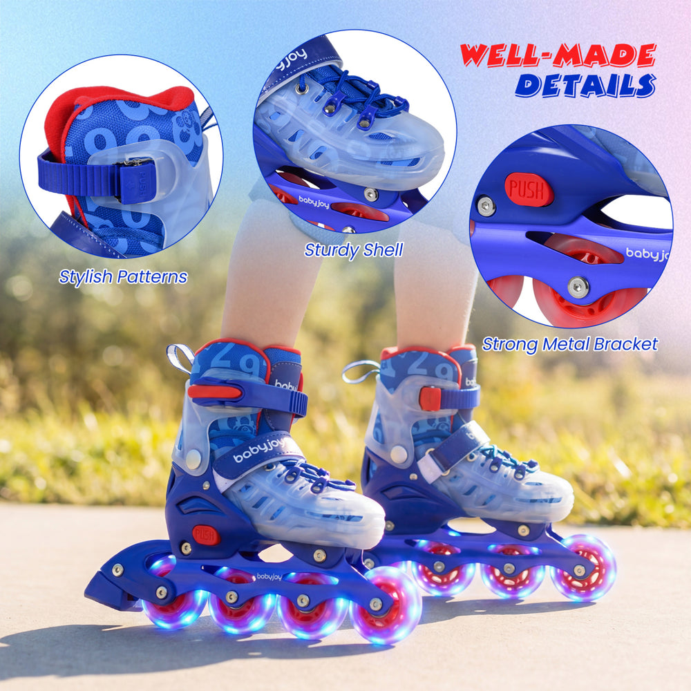 Kids inline skates in blue with light-up wheels, adjustable size, and breathable mesh lining for smooth skating fun.