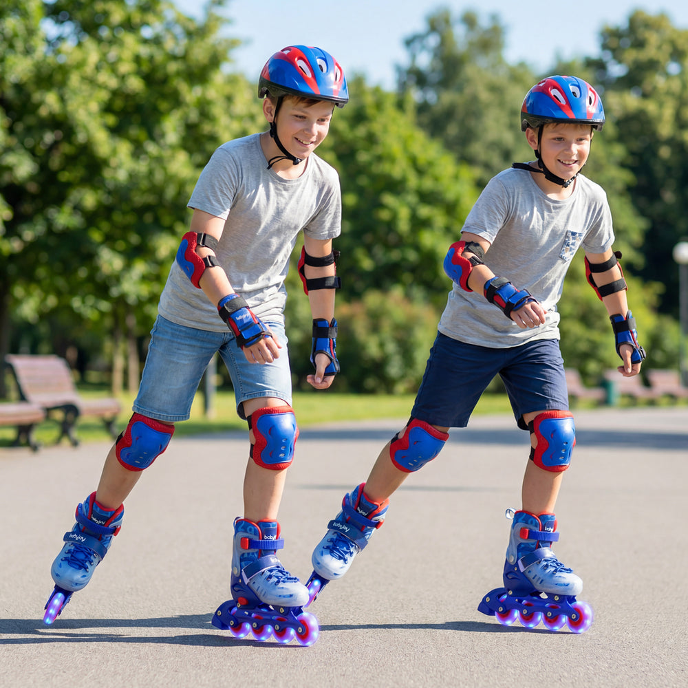 Kids inline skates in blue with light-up wheels, adjustable size, and padded interior for comfortable skating outdoors.