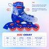 Kids inline skates in blue with light-up wheels, featuring adjustable size, breathable lining, and upgraded brake.