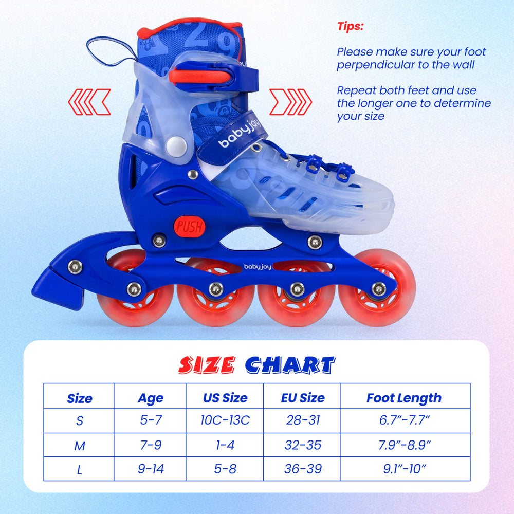 Kids inline skates in blue with light-up wheels, featuring adjustable size, breathable lining, and upgraded brake.