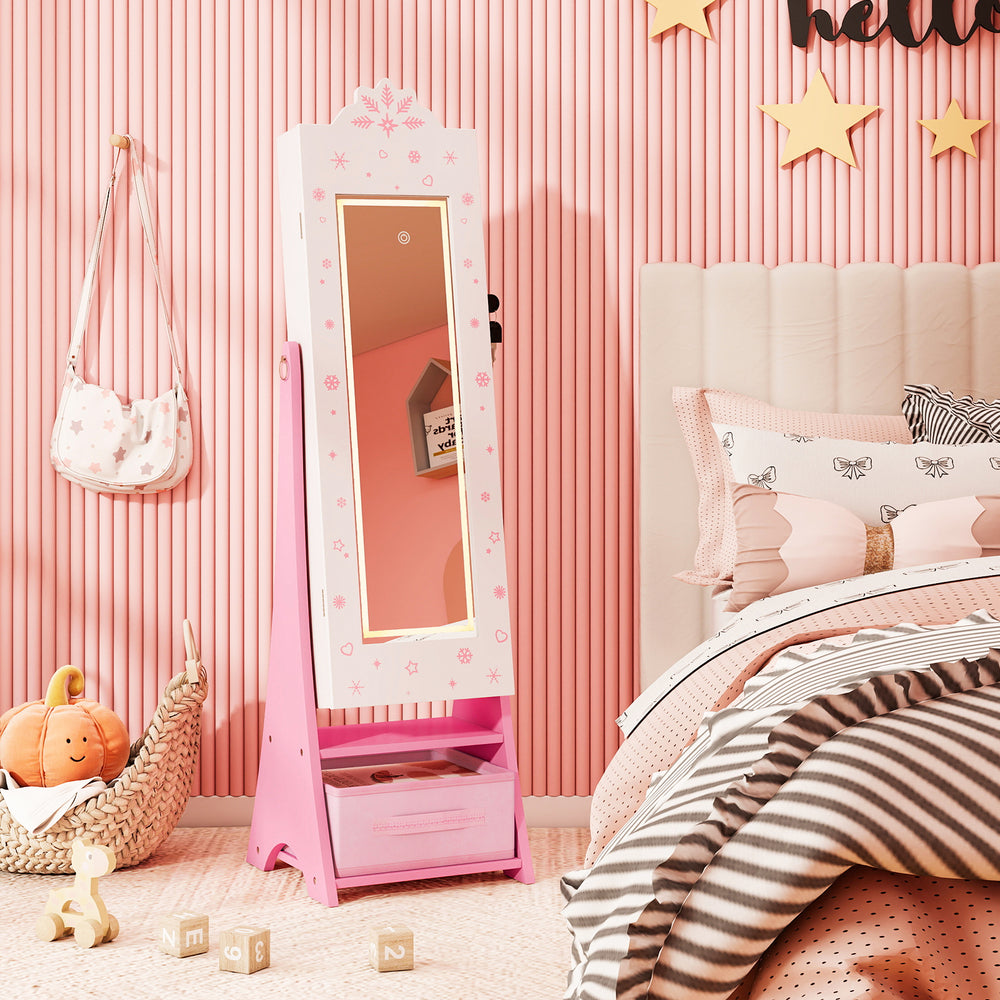 Kids Jewelry Armoire Freestanding Jewelry Cabinet with 3-Color Lighted Full Length Mirror-White - Gallery View 1 of 11