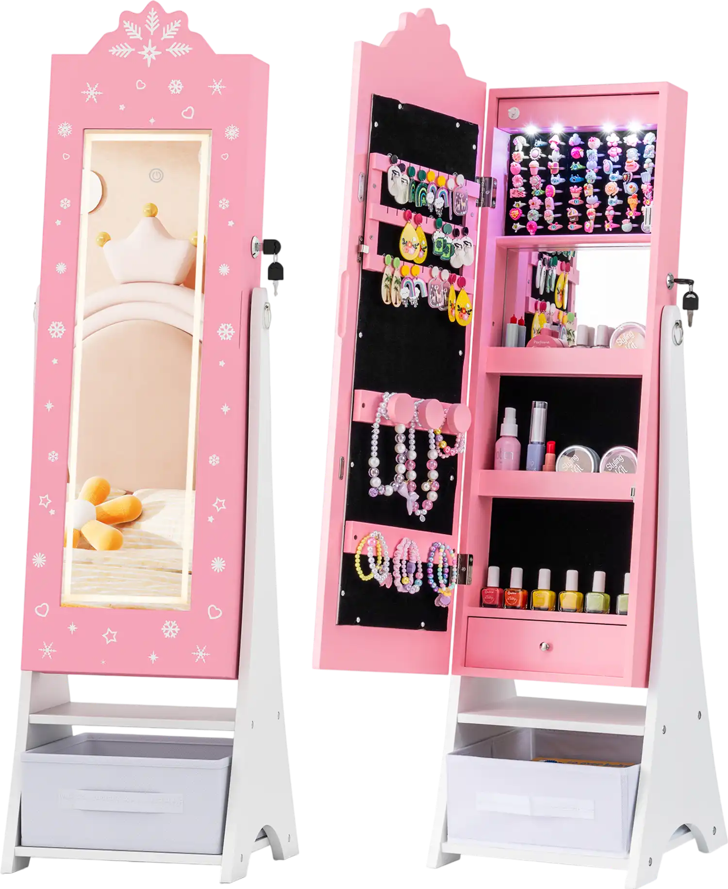 Costway Kids Jewelry Armoire Lighted Full Length Mirror Freestanding Cabinet 47933446 New