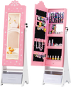 Kids jewelry armoire in pink with full-length mirror, adjustable lights, and ample storage for organized jewelry.