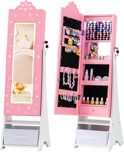 Costway Kids Lighted Full Length Mirror Jewelry Armoire Cabinet 47933446 New