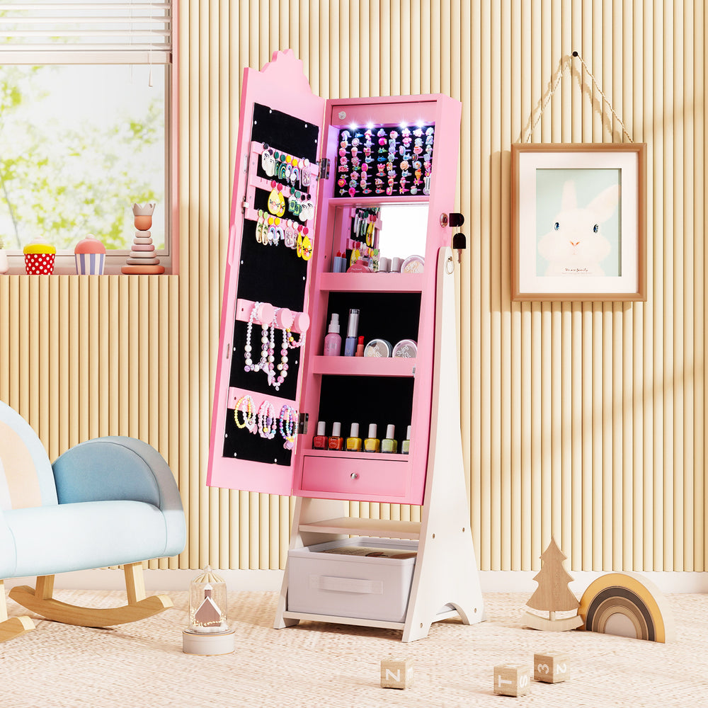 Kids jewelry armoire in pink with a full-length mirror, LED lights, and organized storage for accessories.