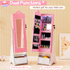 Freestanding pink kids jewelry armoire with full-length mirror, LED lights, and ample storage for accessories.