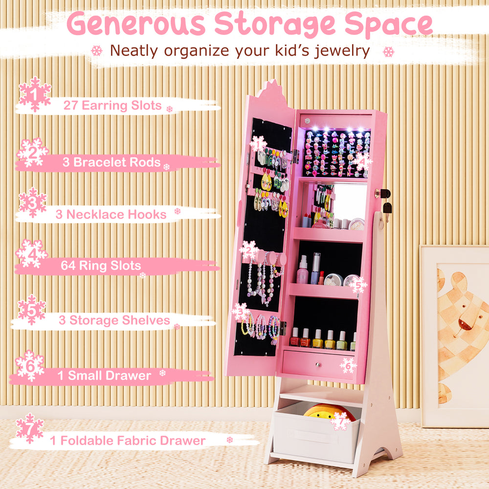 Freestanding pink kids jewelry armoire with full-length mirror, 27 earring slots, and 3-color adjustable lights for.