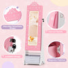 Freestanding pink kids jewelry armoire with full-length mirror, lockable design, and snowflake theme for organized.