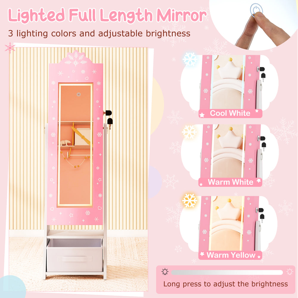 Freestanding pink jewelry armoire with a lighted full-length mirror and adjustable angles, perfect for kids' jewelry.