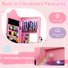 Kids jewelry armoire in pink with 4 LED lights, adjustable mirror, and generous storage for organized jewelry.