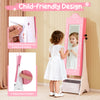 Kids jewelry armoire in pink with adjustable angles, LED lights, and anti-toppling device for safety and organization.