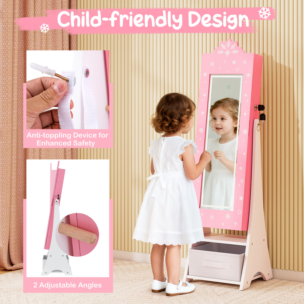 Kids jewelry armoire in pink with adjustable angles, LED lights, and anti-toppling device for safety and organization.