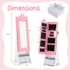 Kids jewelry armoire in pink with full-length mirror, adjustable angles, and generous storage for organizing jewelry.