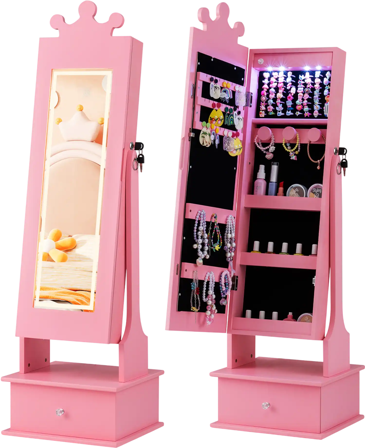 Costway Kids Jewelry Armoire Lighted Full Length Mirror 91003468 New