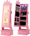 Kids jewelry armoire in pink with full-length mirror, LED lights, and spacious storage for organizing jewelry.