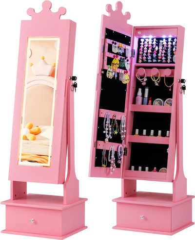 Costway Kids Jewelry Armoire Lighted Full Length Mirror 91003468 New