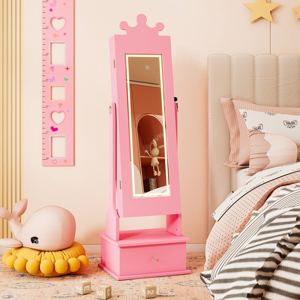 Kids Jewelry Armoire with 3-Color Lighted Full Length Mirror and Inside Led Lights-Pink - Gallery View 1 of 11
