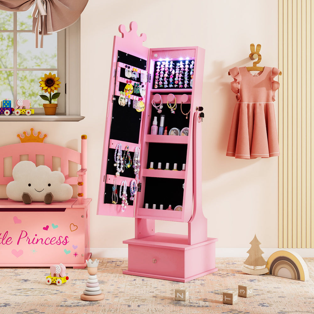 Pink kids jewelry armoire with a lighted full-length mirror, showcasing adjustable angles and organized storage for.