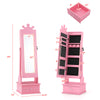 Kids jewelry armoire in pink with a full-length mirror, adjustable angles, and LED lights for organized storage.
