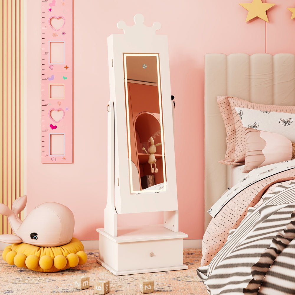 Kids Jewelry Armoire with 3-Color Lighted Full Length Mirror and Inside Led Lights-White - Gallery View 1 of 11