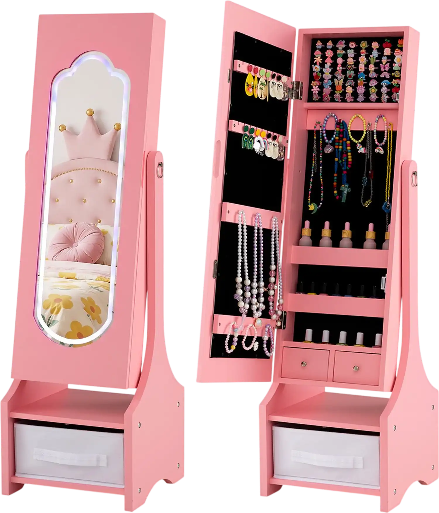 Costway Kids Jewelry Armoire Cabinet LED Light Full-Length Mirror 19561514 New