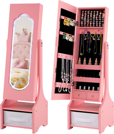 Costway Kids Jewelry Armoire Cabinet LED Light Full-Length Mirror 19561514 New