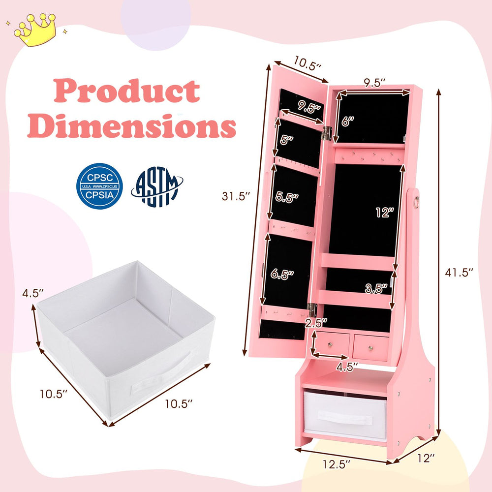 Pink kids jewelry armoire with full-length mirror, LED light, and organized storage slots shown open with dimensions.