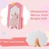 Pink kids jewelry armoire with full-length mirror, LED light, and storage slots shown open with organized jewelry storage.
