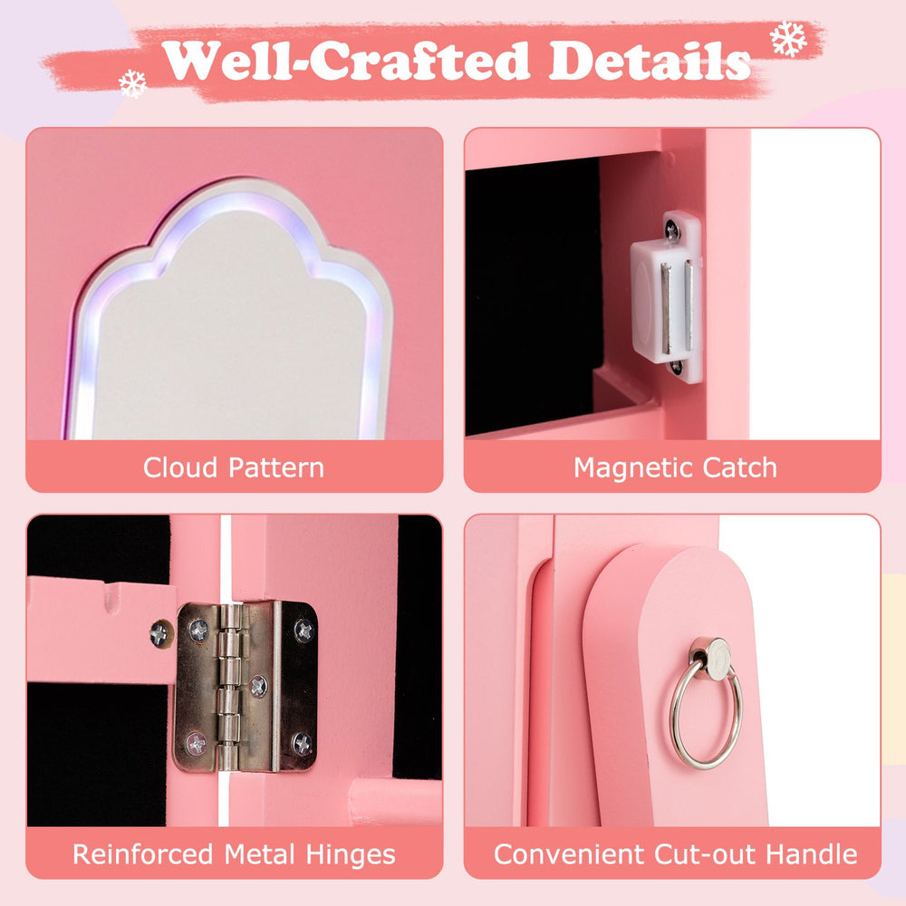 Cloud-shaped pink kids jewelry armoire with full-length mirror, LED light, and reinforced metal hinges in close-up views.