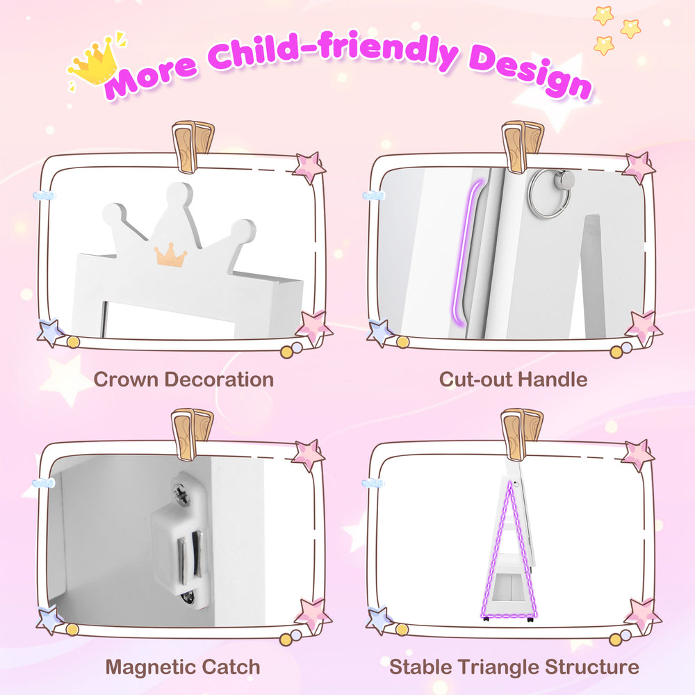 Kids jewelry armoire cabinet with crown decoration, cut-out handle, and stable triangular structure for secure storage.
