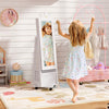 Kids jewelry armoire cabinet with swivel base and lockable wheels, featuring a full-length mirror and ample storage.