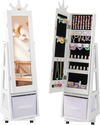 Kids jewelry armoire cabinet in white features a full-length mirror, swivel base, and lockable wheels for easy access.