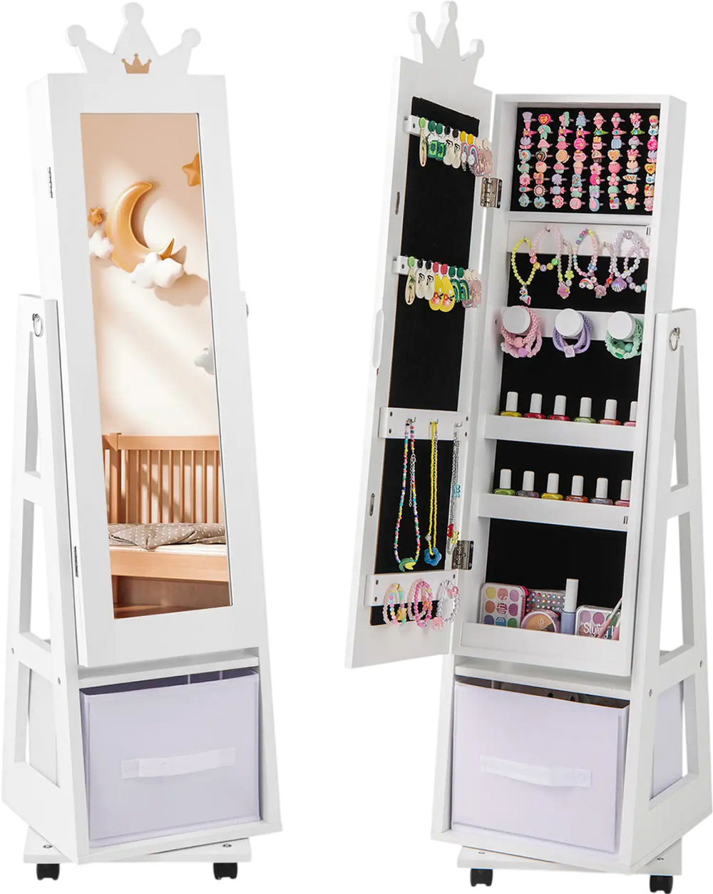 Kids jewelry armoire cabinet in white features a full-length mirror, swivel base, and lockable wheels for easy access.