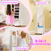 Kids jewelry armoire cabinet in white with full-length mirror, swivel base, and lockable wheels for easy access and.