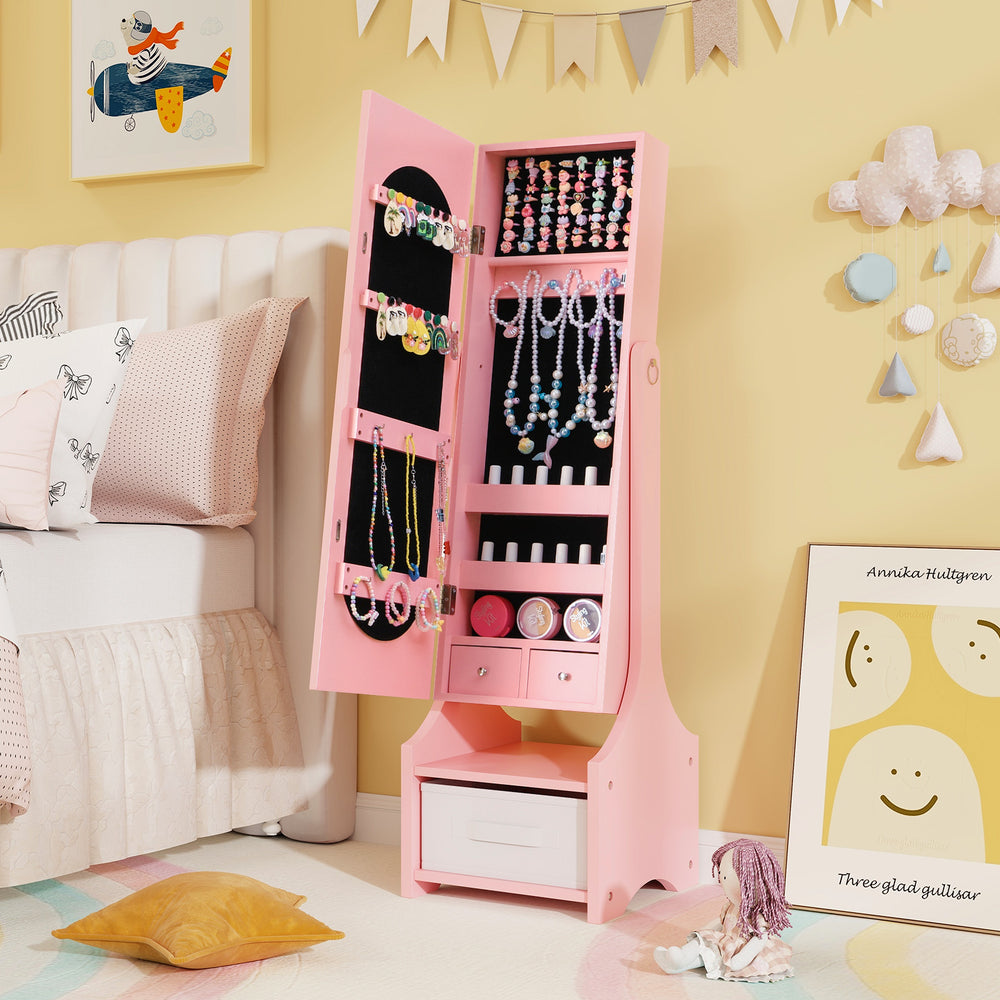 Freestanding Kids Jewelry Armoire Cabinet with Storage and 2 Tilt Angles-Pink - Gallery View 1 of 9