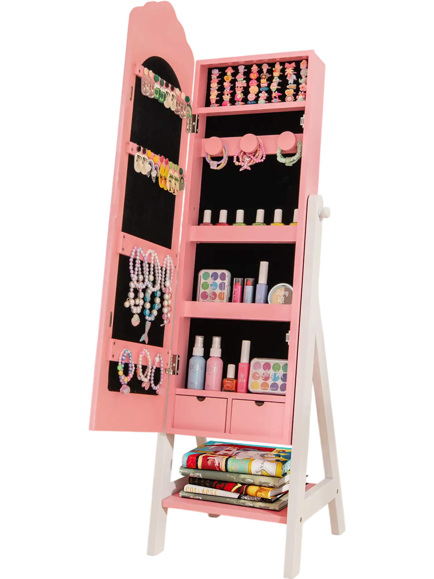 Costway Kids Jewelry Organizer Full Length Mirror Drawers Storage Shelves Pink 21789436 New